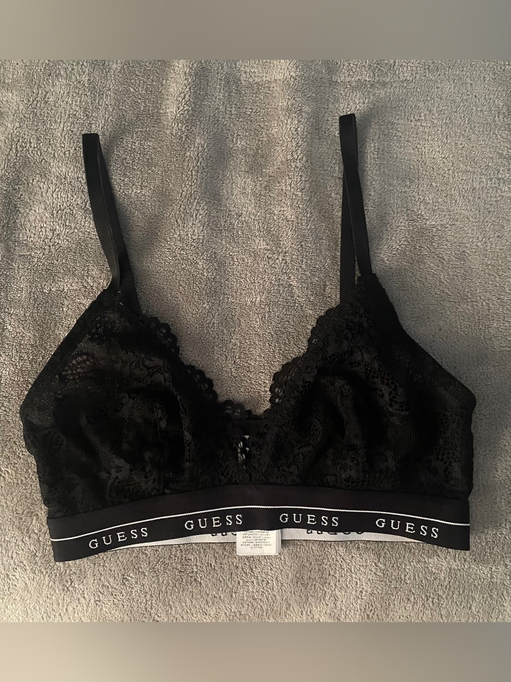 GUESS Black Lace Triangle Bralette XS w/ logo tape band